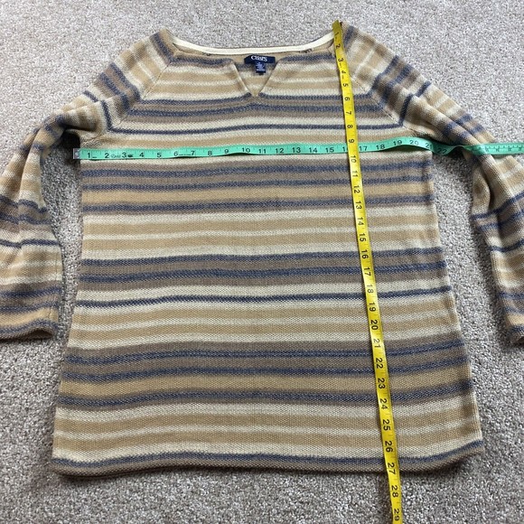 Chaps Ralph Lauren Womens Striped Sweater M Bell Sleeve Tan Beige Blue Southwest - Picture 3 of 7